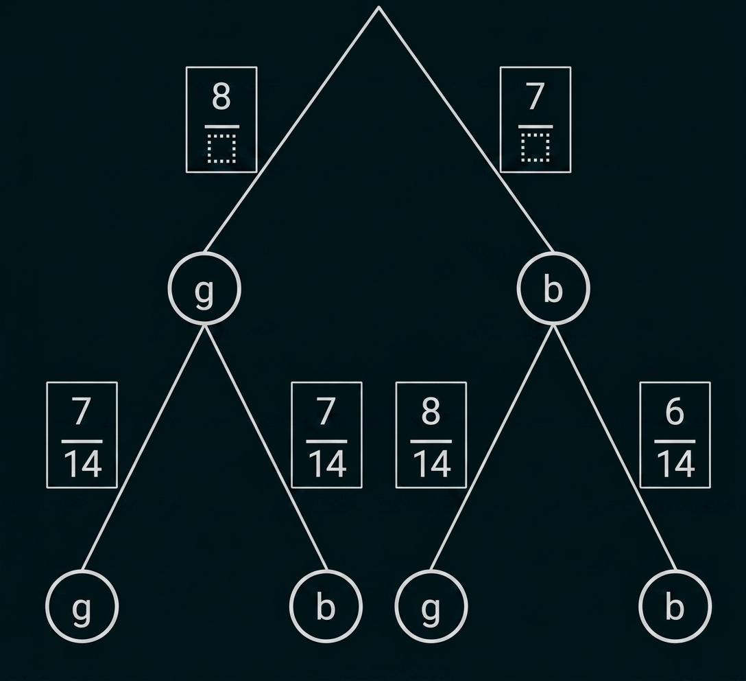Baumdiagramm mit Wahrscheinlichkeiten und Zweigen für g und b.
